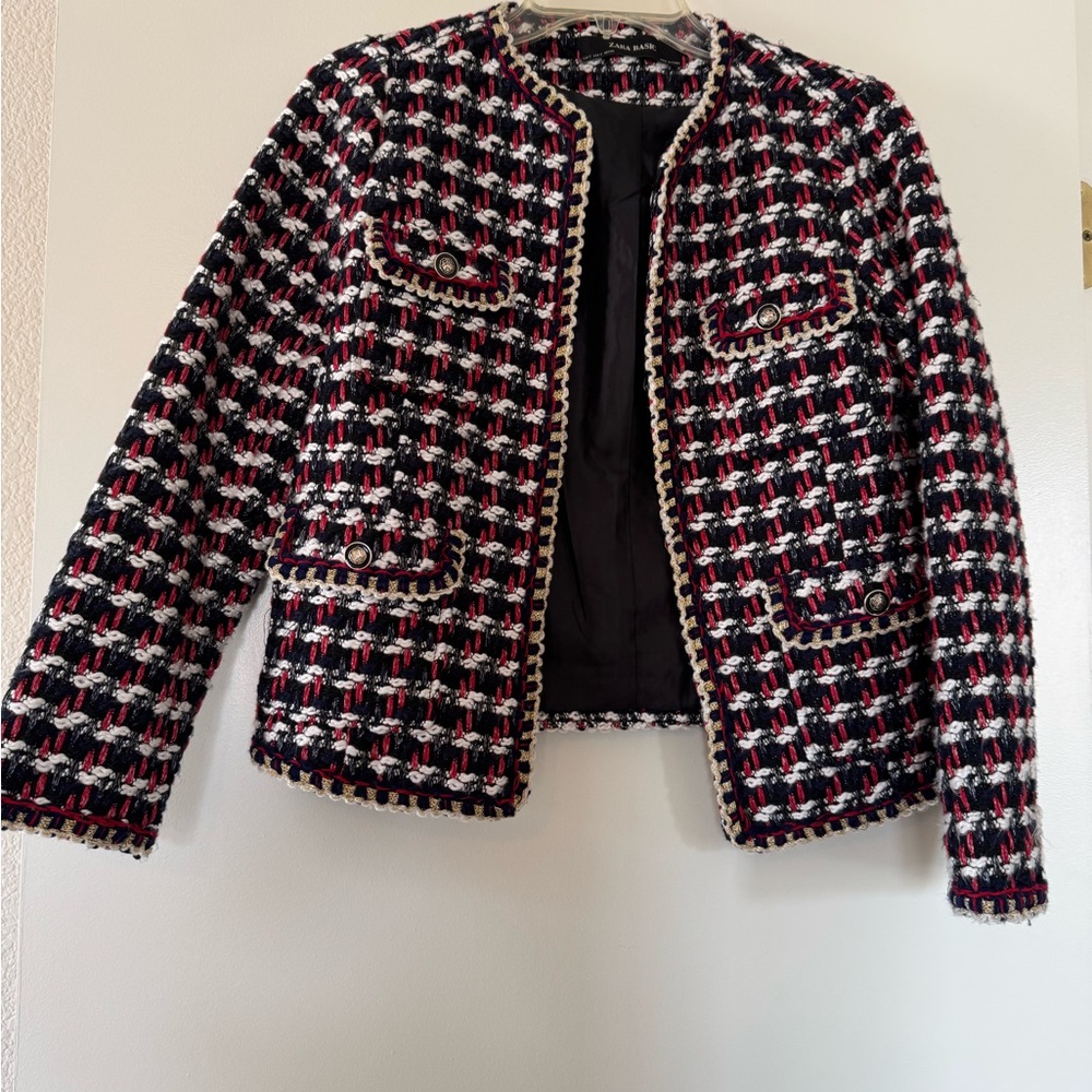 Zara Tweed Blazer in Black, White & Red with Gold Trim